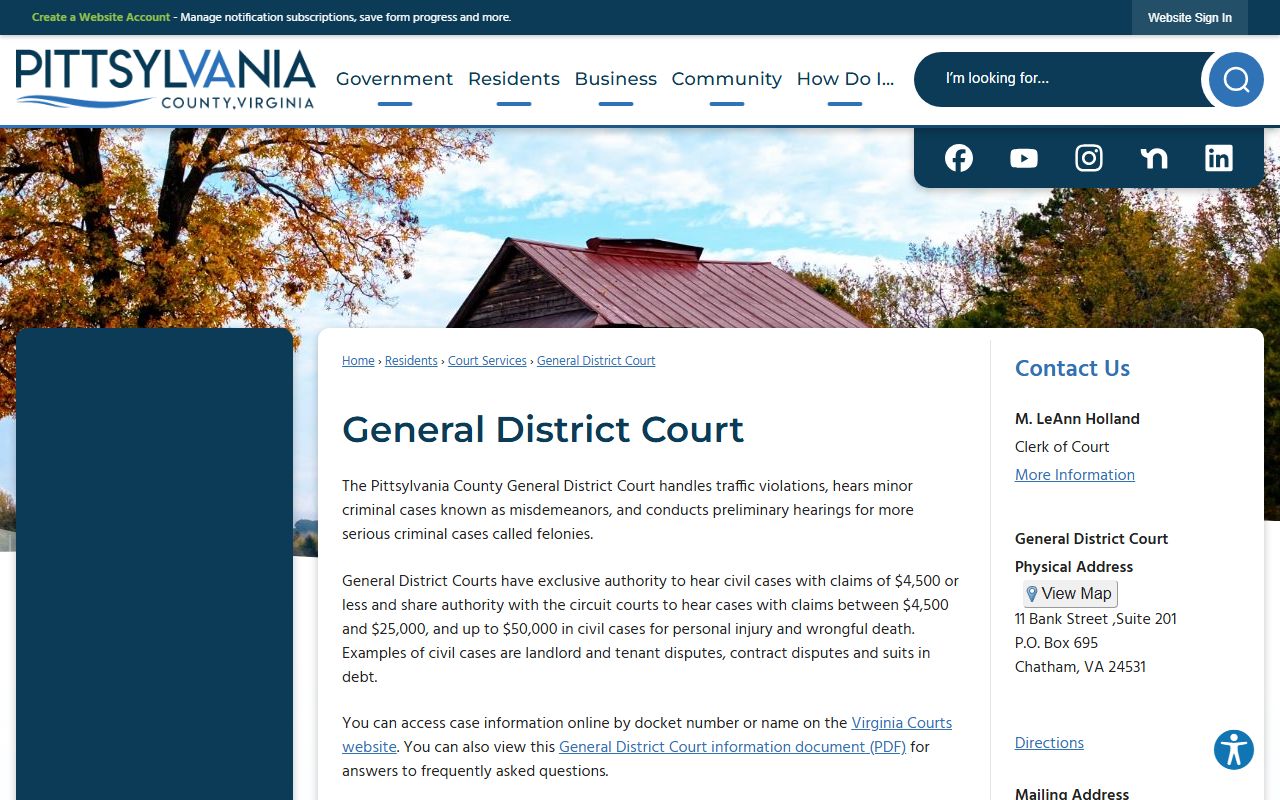 Pittsylvania County General District Court page with case search information