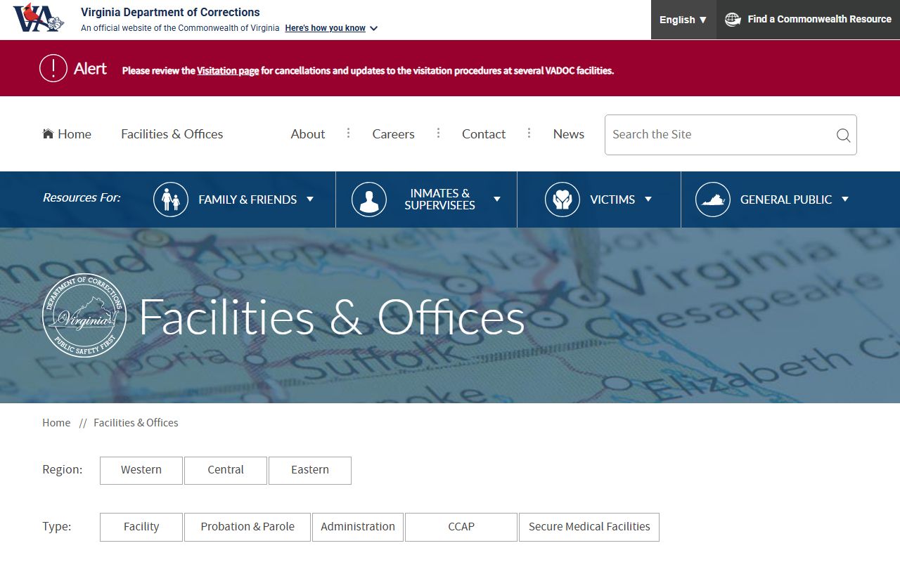 VADOC facilities directory showing Green Rock Correctional Center